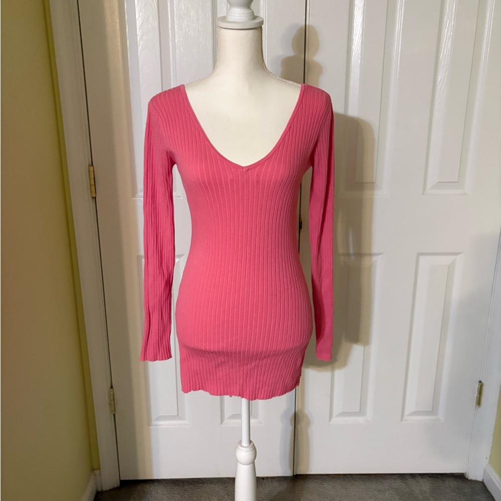 BETTER BE Pink Ribbed V-Neck Sweater Mini Dress or Sweater